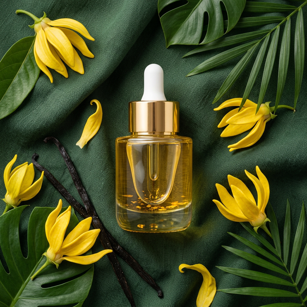 Flacon d'ylang-ylang sur fond naturel